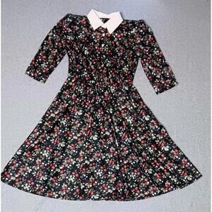Homemade Grandmacore 3/4 Sleeve Midi Dress Womens Size Small Black Flowers...